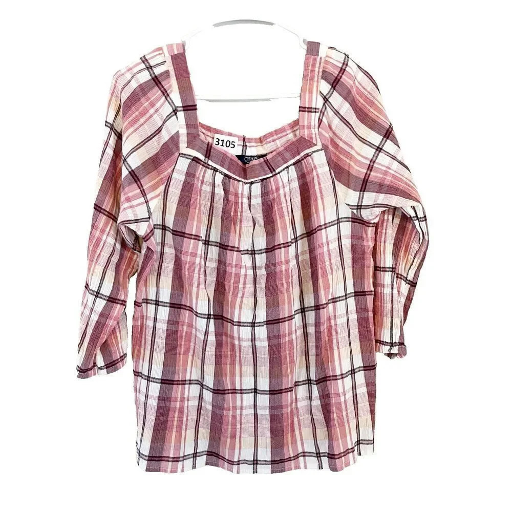 Chaps Womens Mauve Blouse Large Plaid Classic Pullover Long Sleeve Western